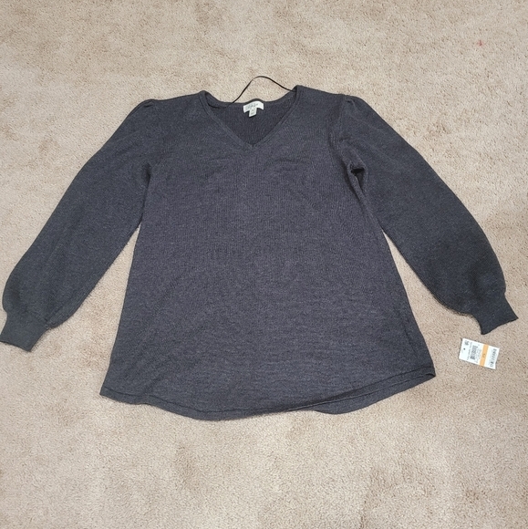 Syle&Co Cable Knit Gray Vneck Gigot Sleeve Sweater - Picture 4 of 10